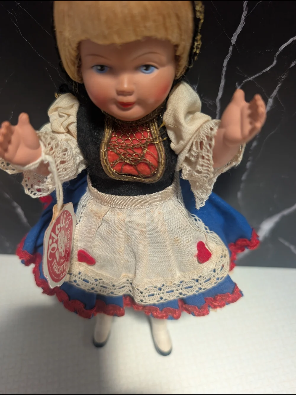 Vintage Austrian Trachen-Puppen Costume Doll with Blue, White & Red Outfit